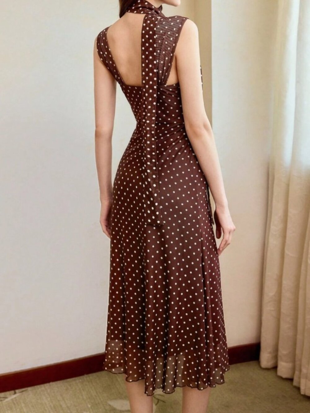 Brown Polka Dot Midi Dress with Attached Scarf Tie - Picture 7 of 7